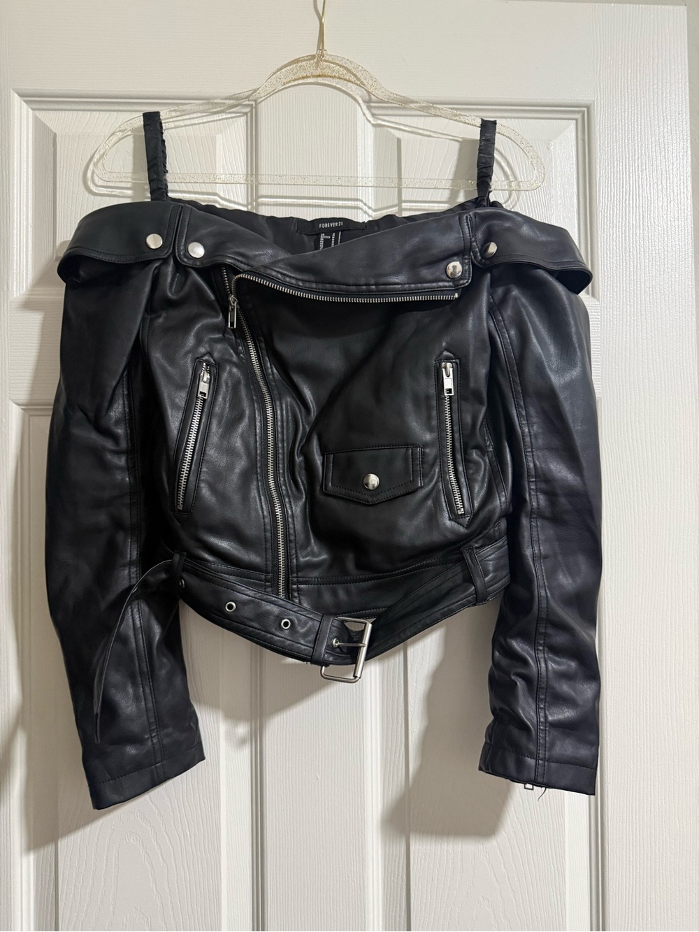 Black off the shoulder leather jacket